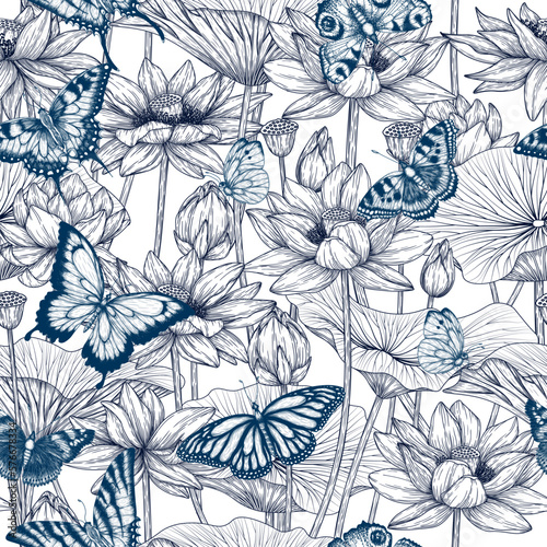 Seamless vector pattern garden with lotus flowers and butterflies in engraving style 