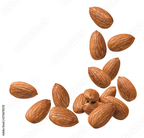 Flying and falling almonds isolated on white background. Angle shape