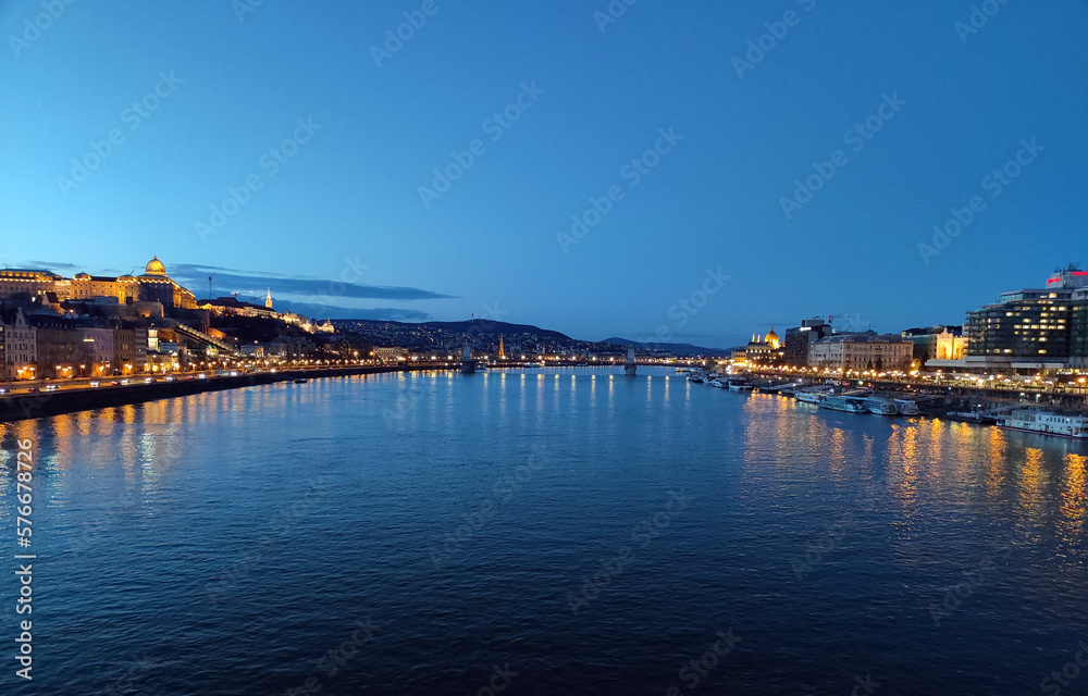 Danube river at night in Budapest