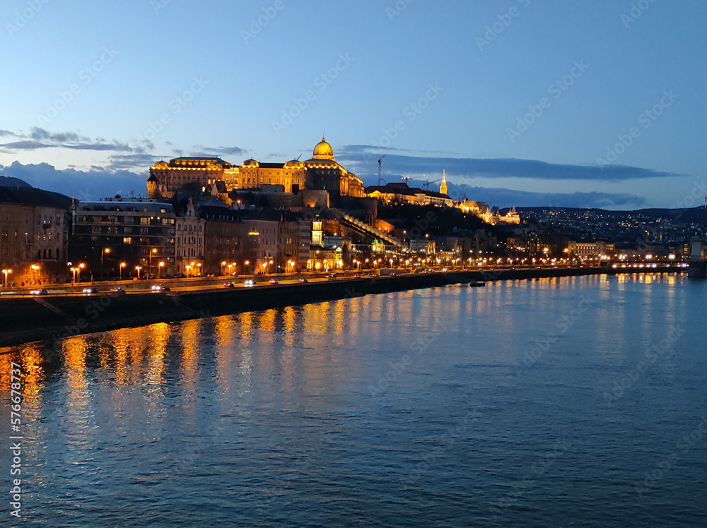 Danube river at night in Budapest