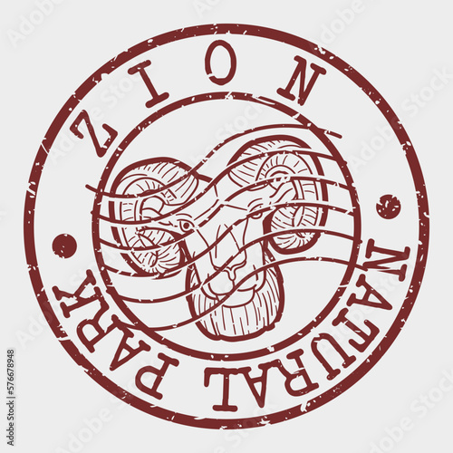 Zion, National Park, Utah, USA Silhouette Postal Passport. Stamp Round Vector Icon. Design Travel Postmark.