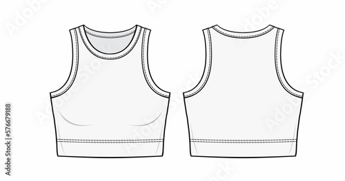Flat illustration of cropped tank top with a Round neckline-Unlined- Slim fit- Slip-on style- Sleeveless women's top, Front, and back fashion flat sketch. CAD mockup Technical drawing,  artwork
