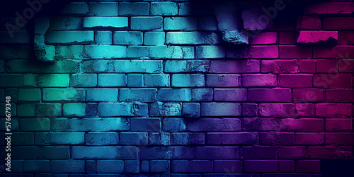 Toned brick wall. Blue purple magenta teal green rough surface. Color gradient background close up