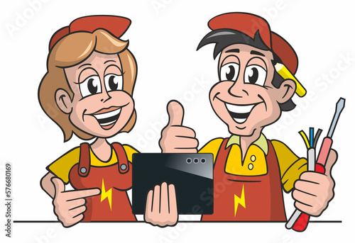 Cartoon, Elektriker und Elektrikerin mit Werkzeug und Tablet Computer