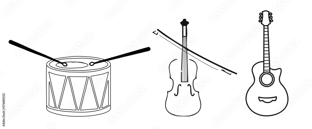 Musical instrument  violin guitar drum.