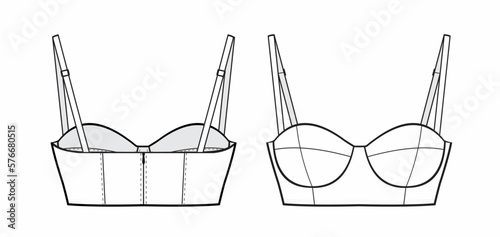 Women's Corset Bustier Bra Push-Up Bralette. Lingerie with molded cup, and adjustable straps. fashion flat technical drawing template. Bustier Bra Flat template front and back design. Bra Cad mockup photo