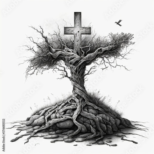 An old tree with a cross, symbol, pencildrawn graphic for dead's notice, generative ai photo
