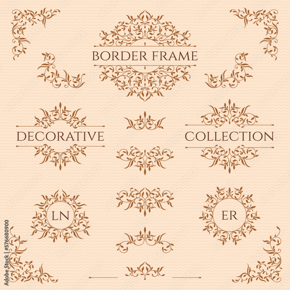 Set of decorative title borders, corners and monograms, frame.  Graphic design page.