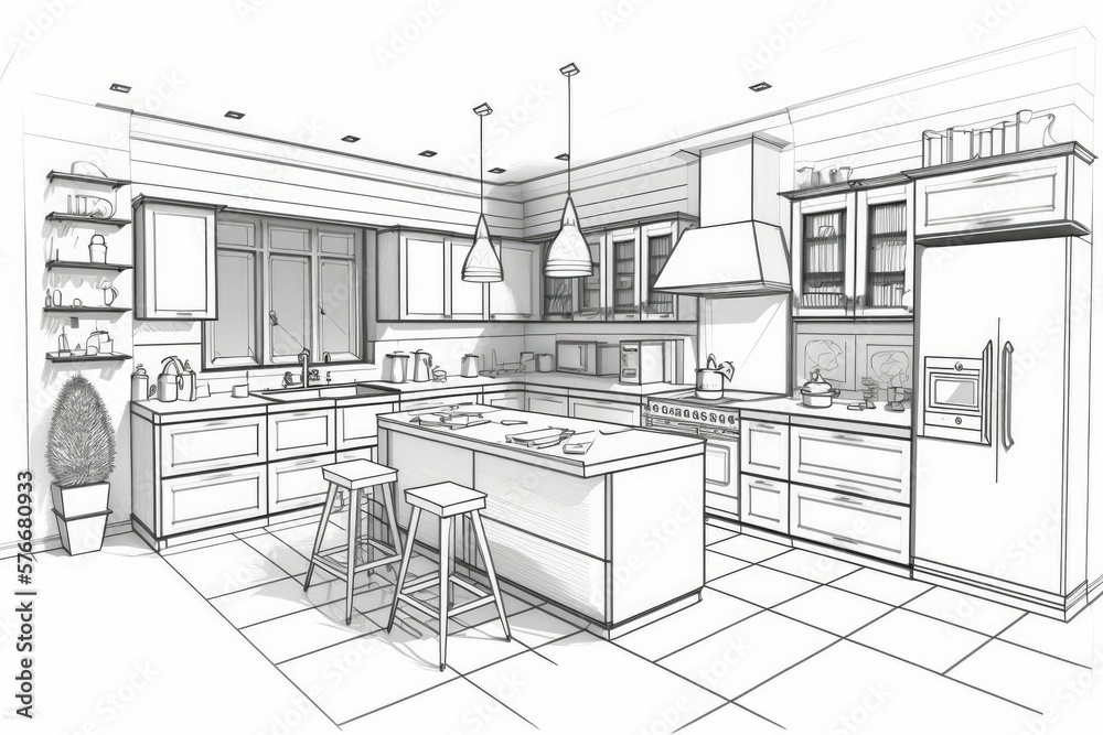 Drawing of the interior of a kitchen. Modern kitchen layout plans with furniture layouts. Generative AI - obrazy, fototapety, plakaty 