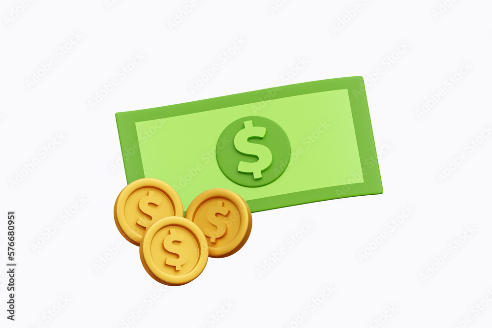 3d Dollars money cash and coin. Isolated 3d object on a white background. 3d Dollars money cash and coin. Isolated 3d object on a white background.