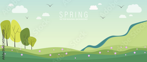Vector illustration. Rural landscape. Spring season banner. A beautiful view of the field, flowers, trees, mountain, river, clouds and birds. A natural background that will decorate your covers.