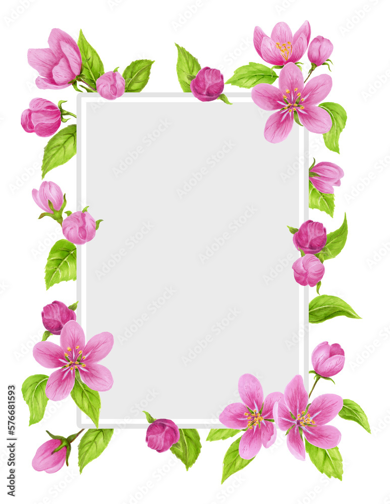 Spring floral frame with apple tree pink flowers, buds, green leaves. Watercolor clipart for greeting card or invitation.