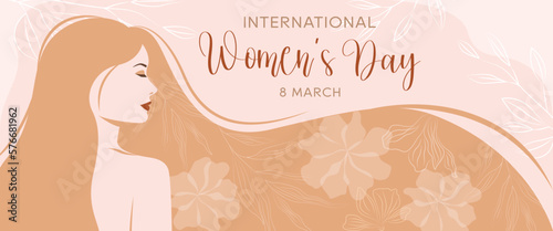 Vector horizontal banner with a woman with red flying hair on a pink background with flowers. Congratulatory illustration for International Women's Day.