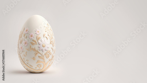 One white easter egg with beautiful gold floral pattern standing on light background. Generative AI