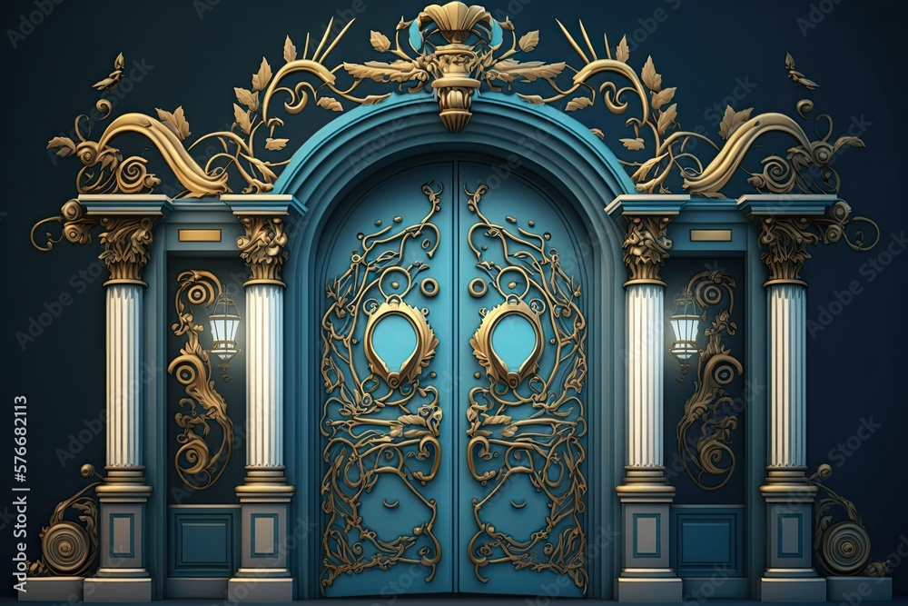 Classical front door gateway in a blue classic ancient steel old vintage style. Generative AI