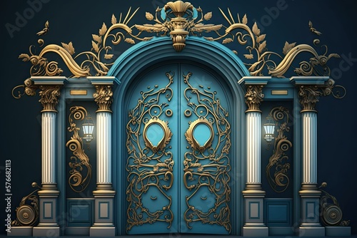 Classical front door gateway in a blue classic ancient steel old vintage style. Generative AI