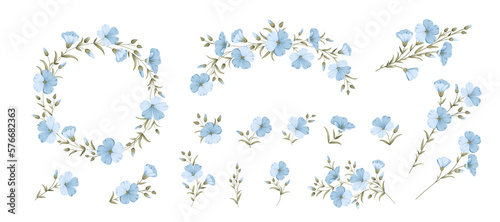 Vector illustration linen flowers. Isolated white background. Individual elements drawn flax.