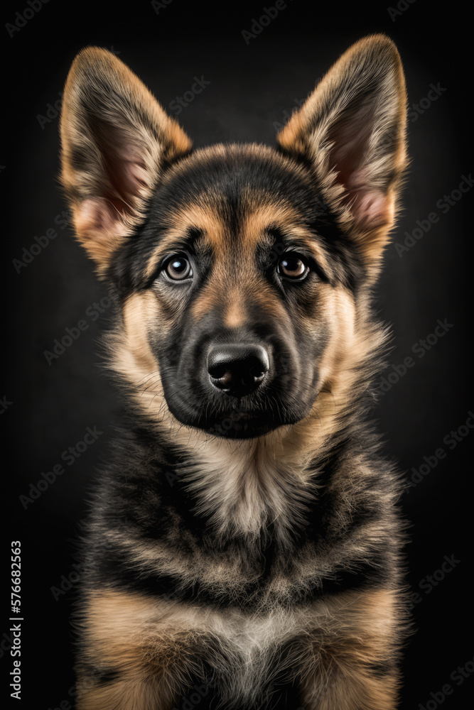 Picture of a little German shepherd. Dark background. Generative AI

