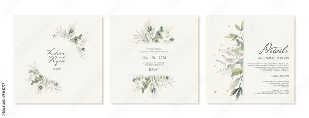 Set of square wedding invitation templates and details in rustic watercolor style with green leaves. Vector.