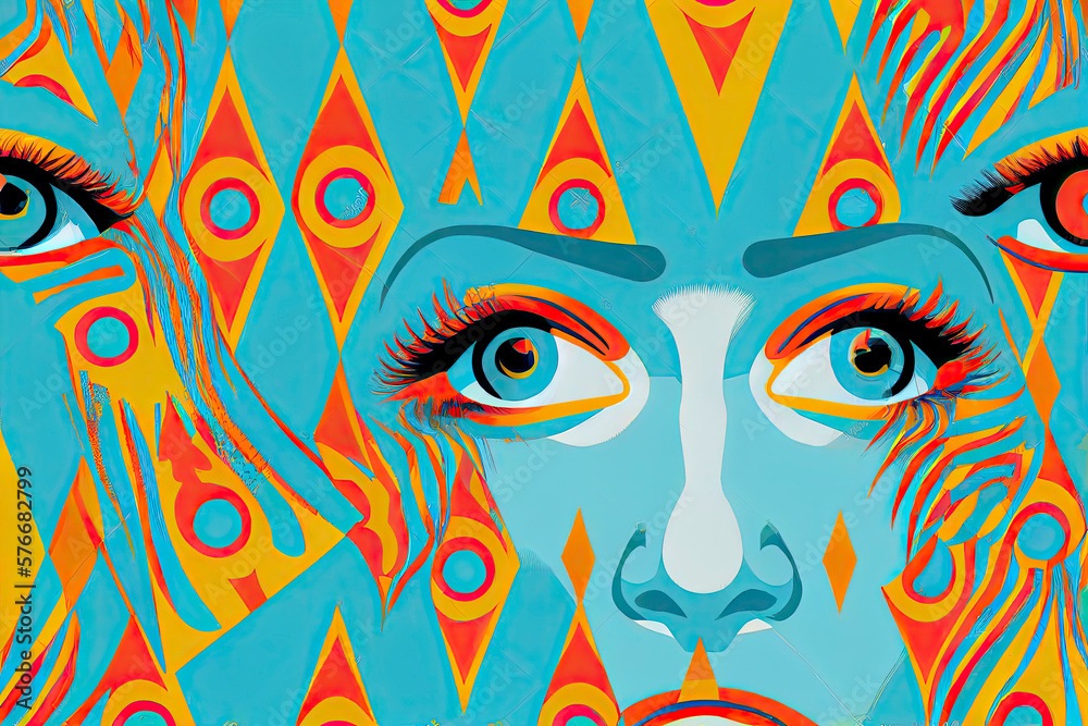 Modern psychedelic fashion seamless pattern with beautiful mystery person with third eye