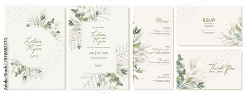 Set of rustic wedding cards with green leaves and branches. Wedding invitations and menu in watercolor style. Vector