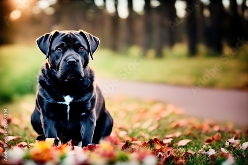Black Young Cane Corso Dog Sit On Green Grass Outdoors, generative ai. Big Dog Breeds. Summer Season