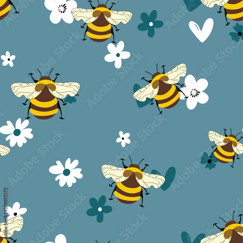 Seamless pattern with bees on floral background. Small wasp. Vector illustration. Adorable cartoon character. Template design for invitation, cards, textile, fabric. Doodle style © Alla
