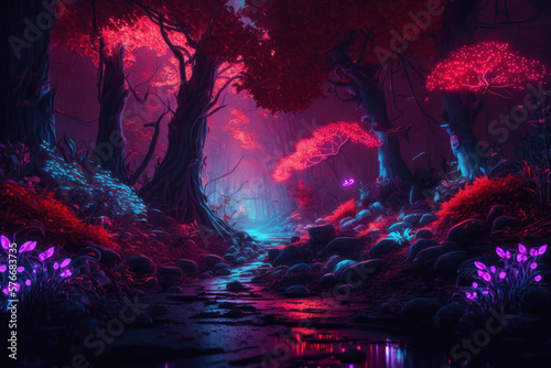 Magic forest, neon light. AI generative.
