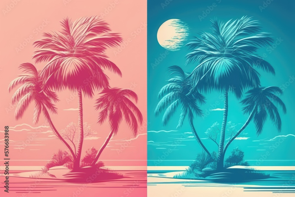 Duotone palm tree in pink and blue, depicting a tropical landscape. Generative AI