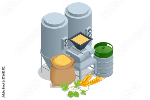 Isometric Brewery beer production, process of beer production in brewery.