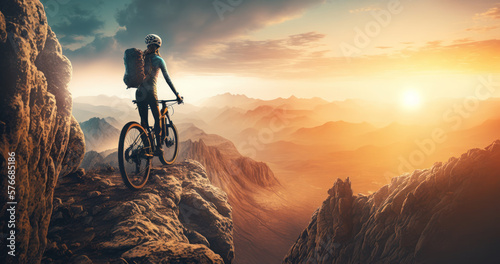 woman cyclist rider in mountain bike on mountain peak at sunset Fototapet
