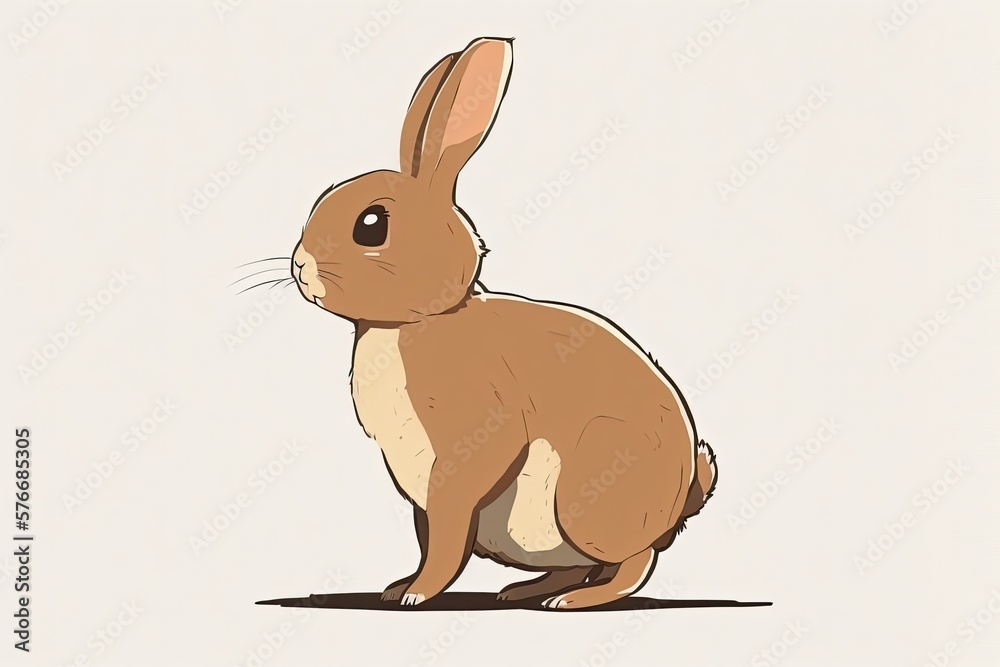 Fototapeta premium Young brown rabbit, likely an Easter bunny, standing erect on its hind legs on a white background. Bunny bunny isolated on white. Beautiful creature of the wild, with large, sparkling eyes. Imagined a