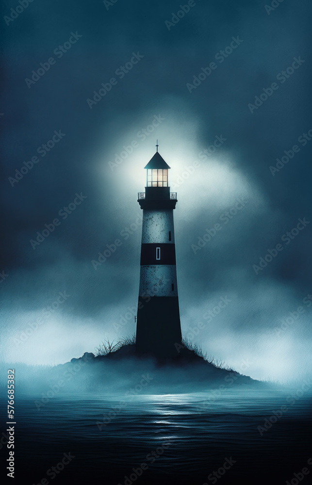 mysterious spooky lighthouse with fog. generative ai