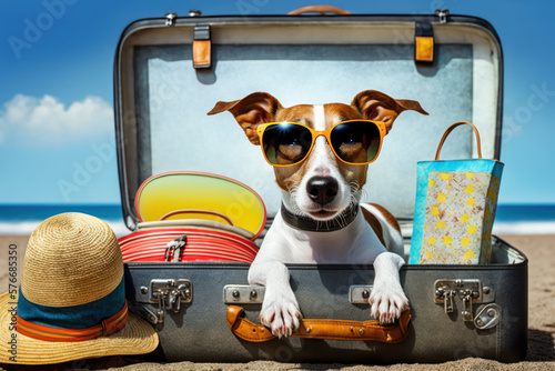 jack russell terrier dog in suitcase in beach. travel and holiday concept. generative ai © ArgitopIA