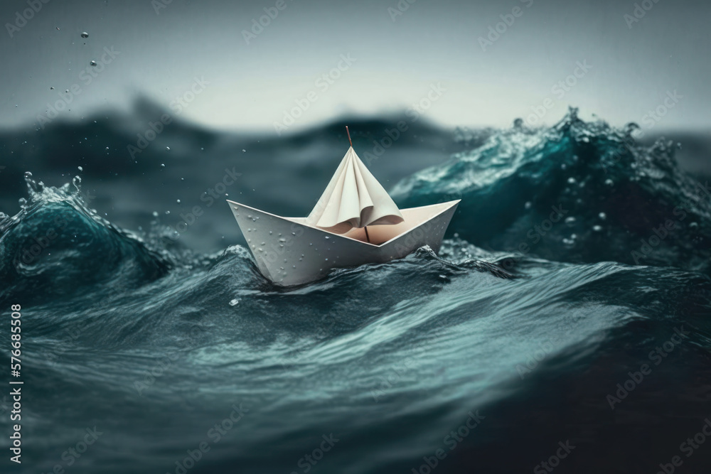Obraz premium papper boat in water with stormy weather. Risk trip and Fragility. generative ai