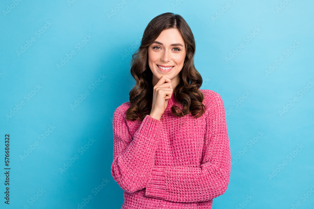 Photo of lovely positive lady wear pink trendy clothes promote english lessons courses isolated on blue color background