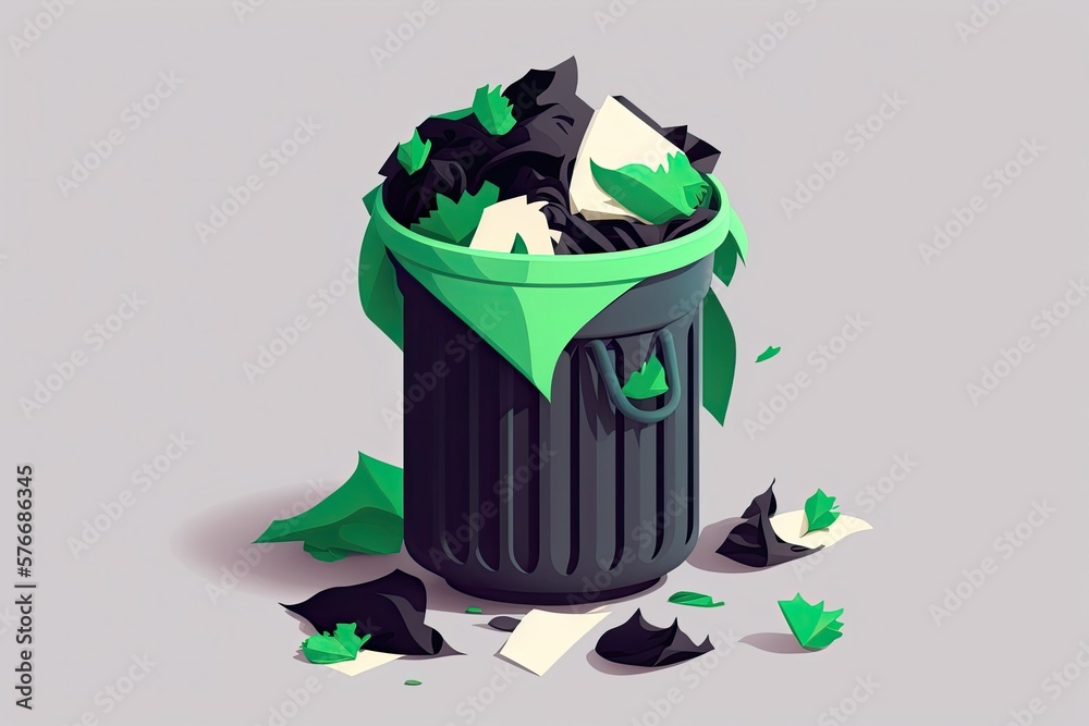 Streetside trash can overflowing with black trash bags. Rubbish removal