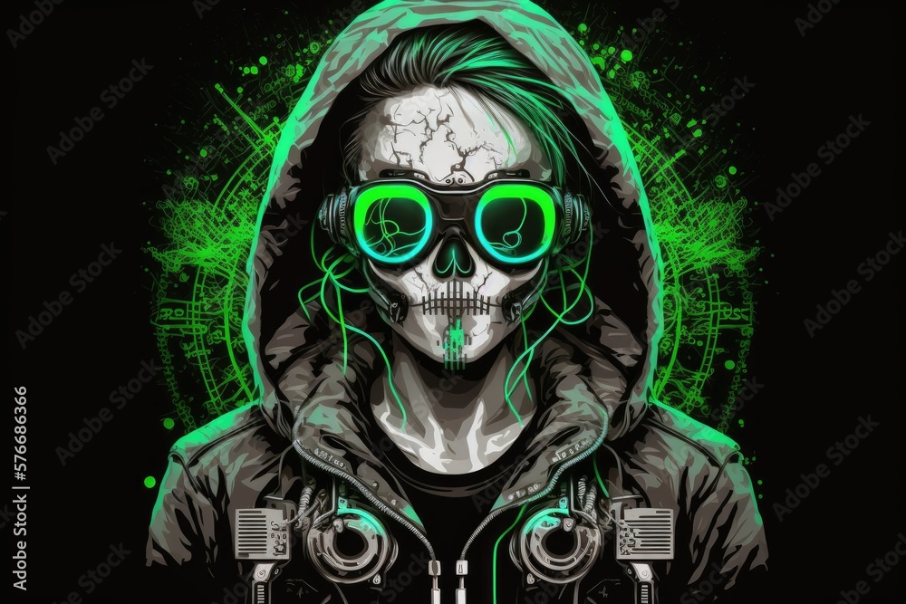 A trendy cyberpunk female in a black leather hoodie, safety goggles with green cables. Sci fi human skull with a colorful cross drawn in the pupils. Generative AI A trendy cyberpunk female in a black leather hoodie, safety goggles with green cables. Sci fi human skull with a colorful cross drawn in the pupils. Generative AI