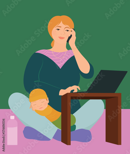 Woman with sleeping baby on lap working on laptop and holding phone to ear. Balancing career and motherhood illustration.