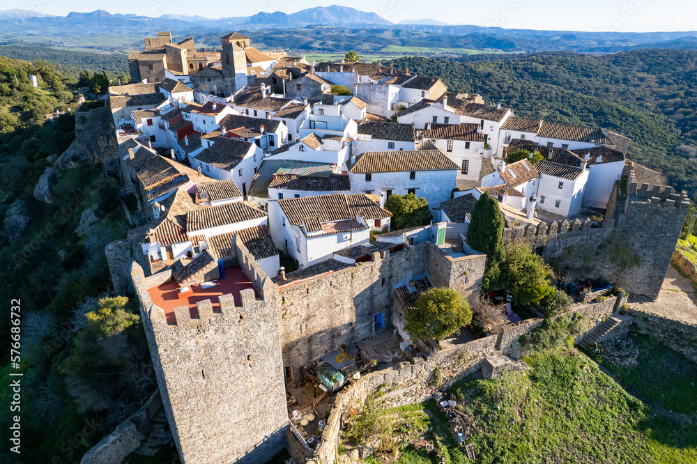 Aerial view of the beautiful village of Castellar de la Frontera in Andalusia Spain