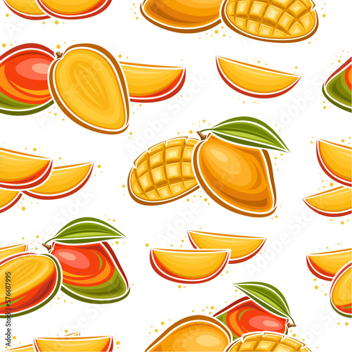 Vector Mango Seamless Pattern, repeating background with illustration of mango fruit still life composition with cutting flesh for wrapping paper, group of flat lay mango fruits on white background