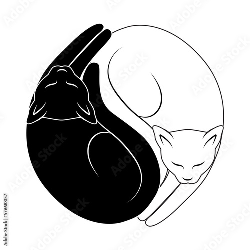 Vector illustration of couple cats black and white colors. Love story cats Yin Yang Cats. Simple and cute black and white cats in yinyang shape logo yoga garmony