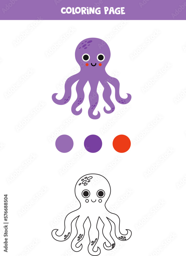 Fototapeta premium Color cute purple octopus. Worksheet for kids.