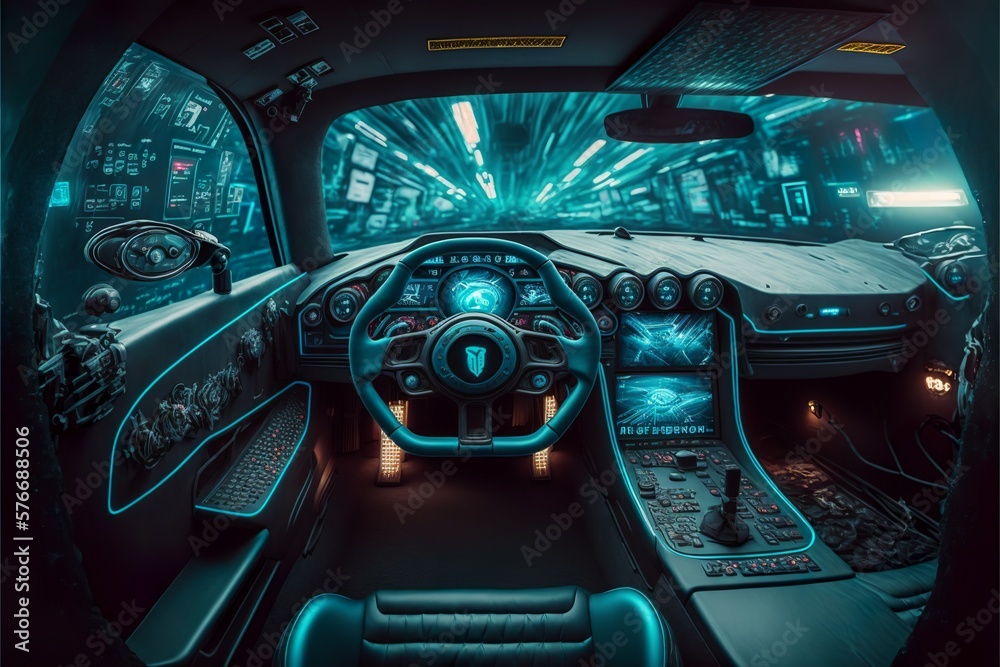 luxury car interior with cool LED lights and technical devices