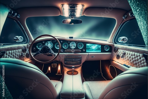 luxury car interior with cool LED lights and technical devices © Sndor