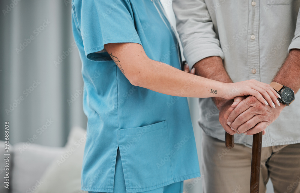 Trust, nurse or senior hands on walking stick for support, help or trust moving legs in rehabilitation. Physiotherapy healthcare, elderly nursing or medical caregiver helping a sick mature patient