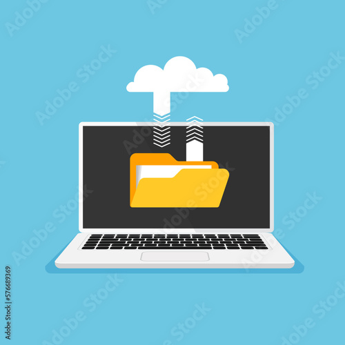 Uploading and transfer files to computer. Cloud storage. Download process. Vector illustration isolated.	