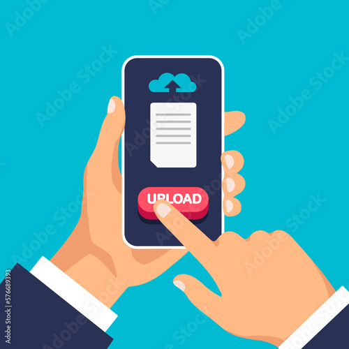 Uploading and transfer files. Cloud storage. Download process. Man click to the document icon on the smartphone display. Vector illustration.	