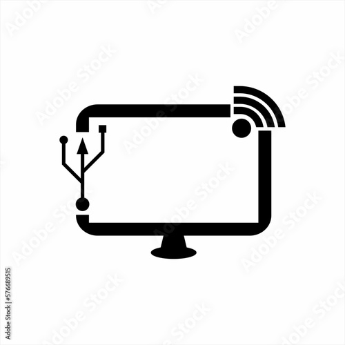 Computer monitor logo design with internet signal symbol and USB symbol.