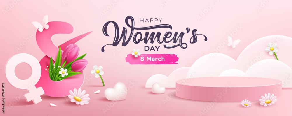Women's day 8 march, presentation podium and heart, white flowers, butterfly, concept design banner, pink background, EPS10 Vector illustration.
